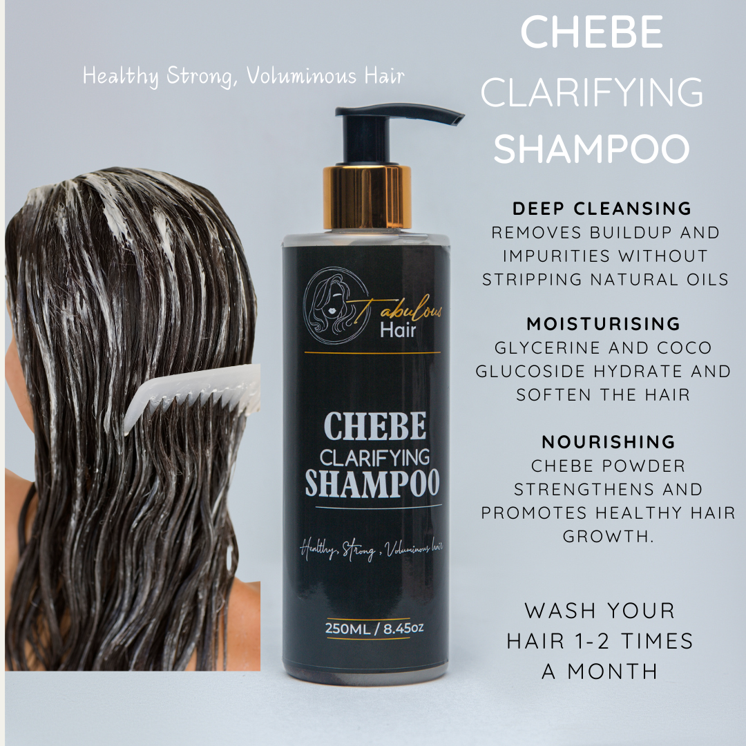 Key benefits of Chebe Clarifying Shampoo, including deep cleansing, removing product buildup, promoting hair growth, restoring scalp health, and leaving hair soft and refreshed. Ideal for natural hair care.