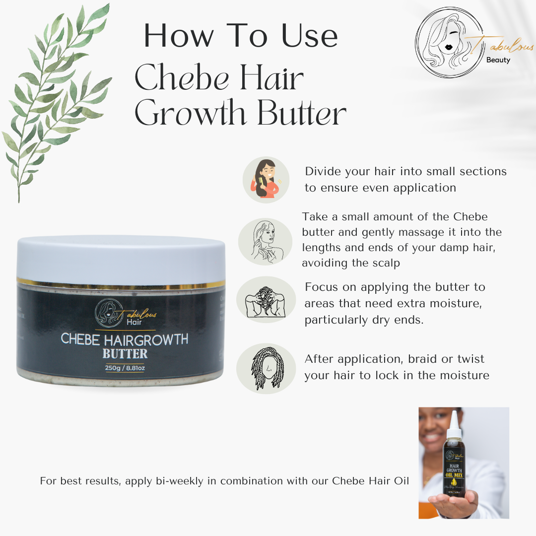 Divide your hair into small sections to ensure even application; Take a small amount of the Chebe butter and gently massage it into the lengths and ends of your damp hair, avoiding the scalp; Focus on applying the butter to areas that need extra moisture, particularly dry ends.; After application, braid or twist your hair to lock in the moisture