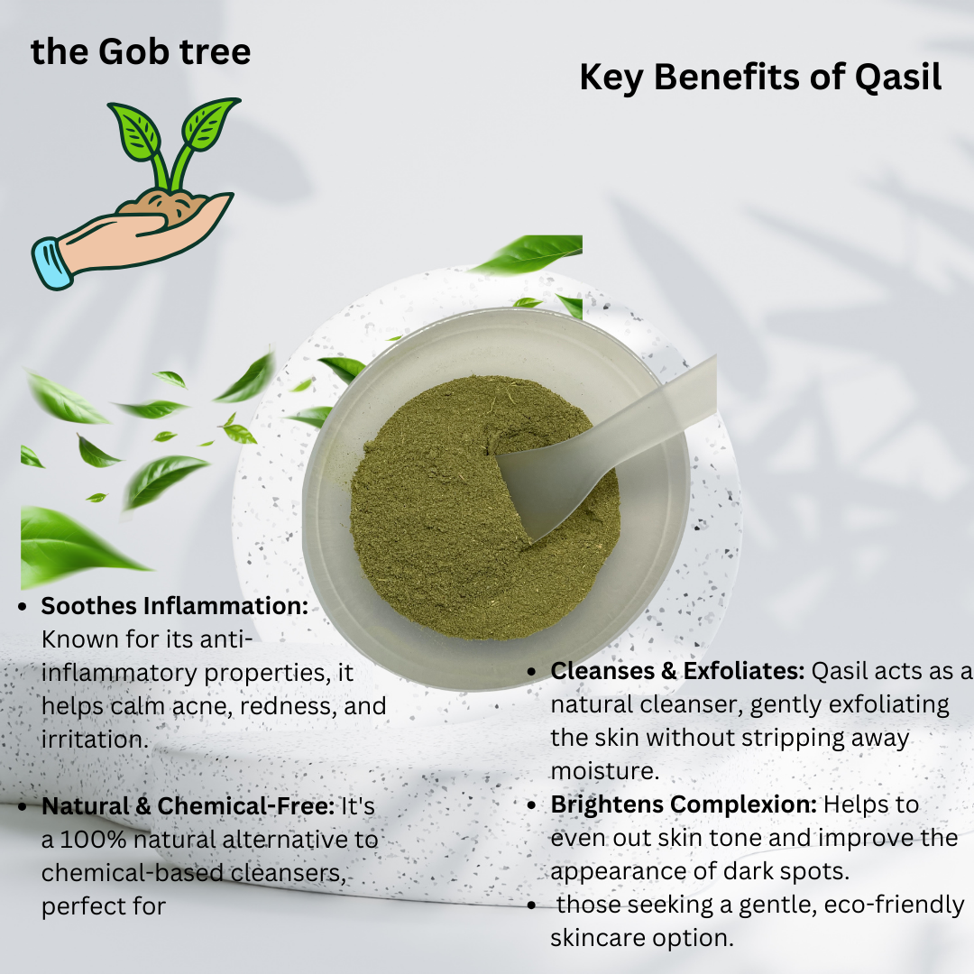 A list of key benefits of Qasil powder, highlighting its ability to cleanse, exfoliate, brighten skin tone, soothe inflammation, and its all-natural, chemical-free properties. Ideal for gentle skincare.